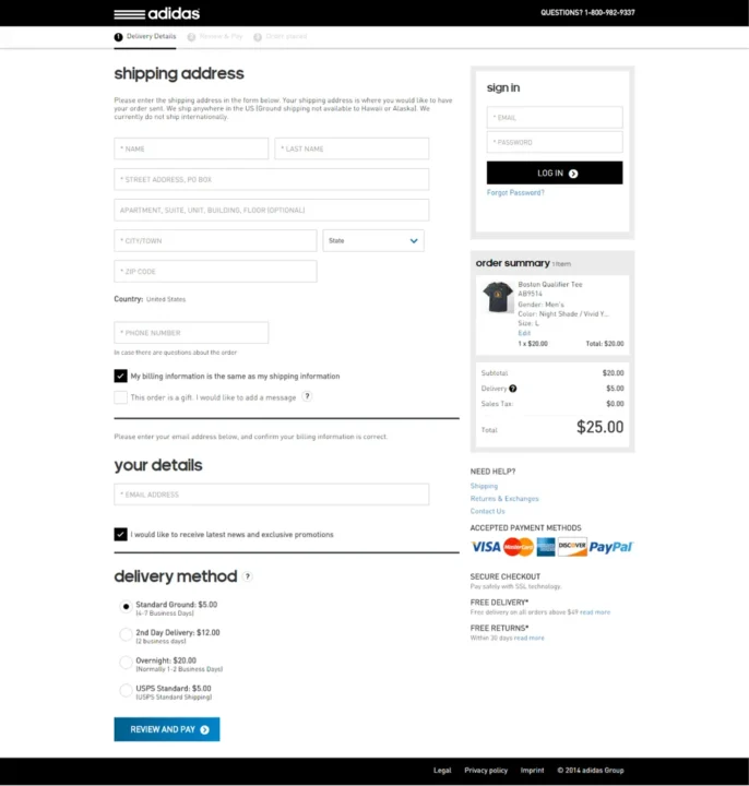 Adidas one-page checkout