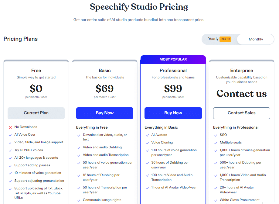 Pricing for Speechify